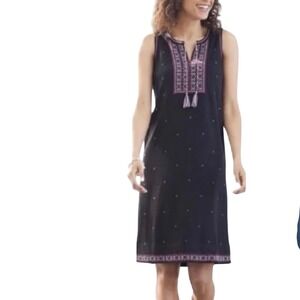 J Jill Womens Large Embroidered Sleeveless V Neck Knit‎ Dress Black Pink Tassels